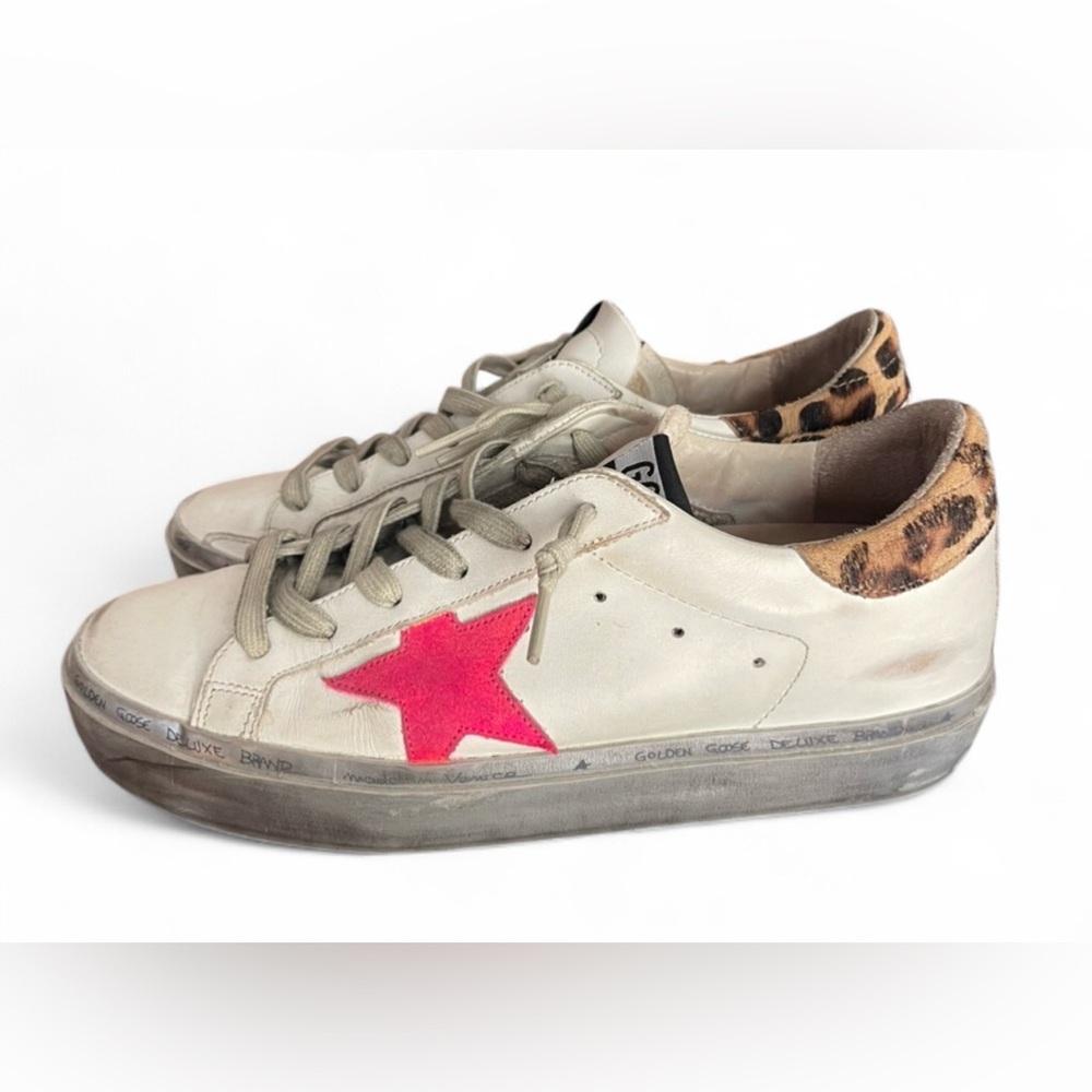 Golden Goose Authentic Women's Hi Star Sneakers with Pink Star and Leopard